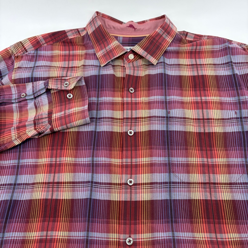 Tommy Bahama Mens XXL Red Plaid Cotton Silk Blend Long Sleeve Button Down Shirt
